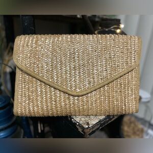 Elegant Tan Woven Envelope Clutch